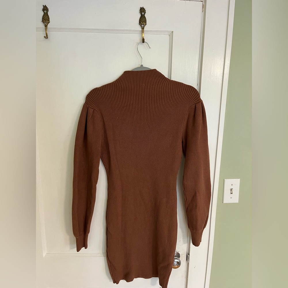Brown Ribbed Mock Neck Bishop Sleeve Dress - Picture 3 of 3